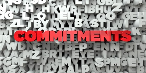COMMITMENTS -  Red text on typography background - 3D rendered royalty free stock image. This image can be used for an online website banner ad or a print postcard.