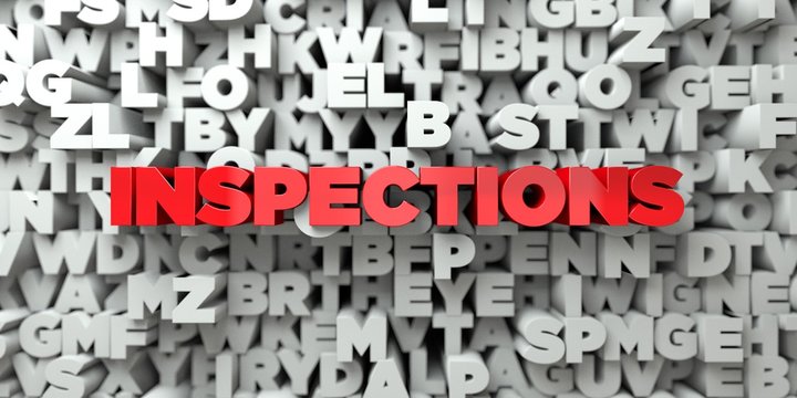 INSPECTIONS -  Red text on typography background - 3D rendered royalty free stock image. This image can be used for an online website banner ad or a print postcard.