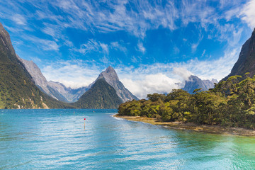 Dramatic clouds over Milford Sound fiord view