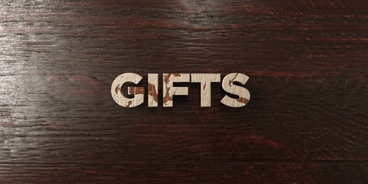 Gifts - grungy wooden headline on Maple  - 3D rendered royalty free stock image. This image can be used for an online website banner ad or a print postcard.
