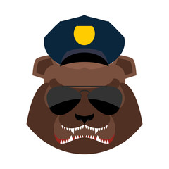 Angry bear in police cap. Aggressive Grizzly head. Wild animal m