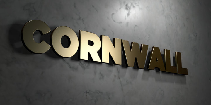 Cornwall - Gold sign mounted on glossy marble wall  - 3D rendered royalty free stock illustration. This image can be used for an online website banner ad or a print postcard.