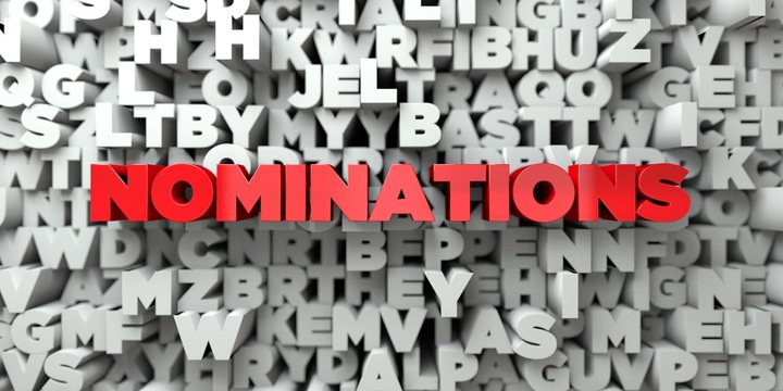 NOMINATIONS -  Red text on typography background - 3D rendered royalty free stock image. This image can be used for an online website banner ad or a print postcard.