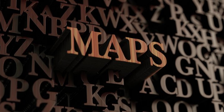 Maps - Wooden 3D rendered letters/message.  Can be used for an online banner ad or a print postcard.
