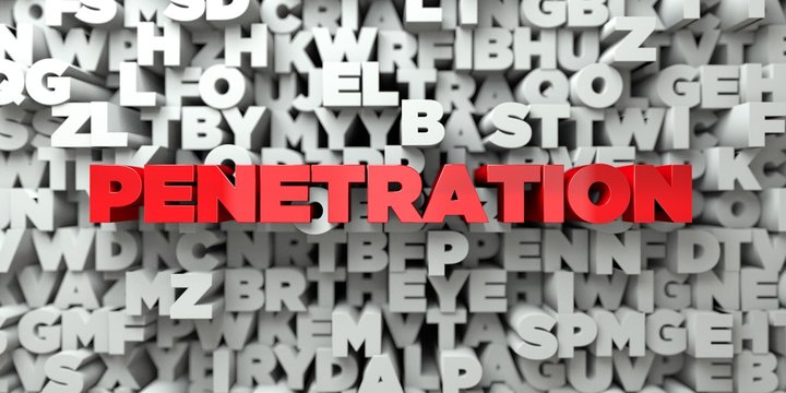 PENETRATION -  Red text on typography background - 3D rendered royalty free stock image. This image can be used for an online website banner ad or a print postcard.