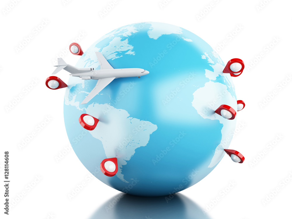 Poster 3d globe, airplane and map pointer.