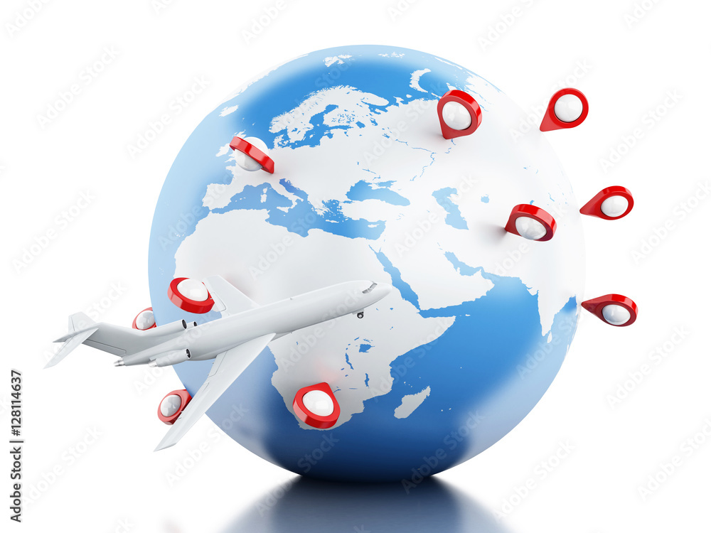 Poster 3d globe, airplane and map pointer.