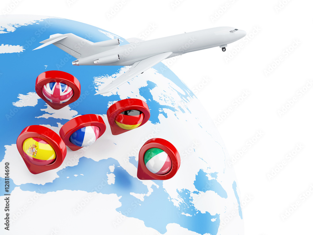 Poster 3d globe, airplane and map pointer.