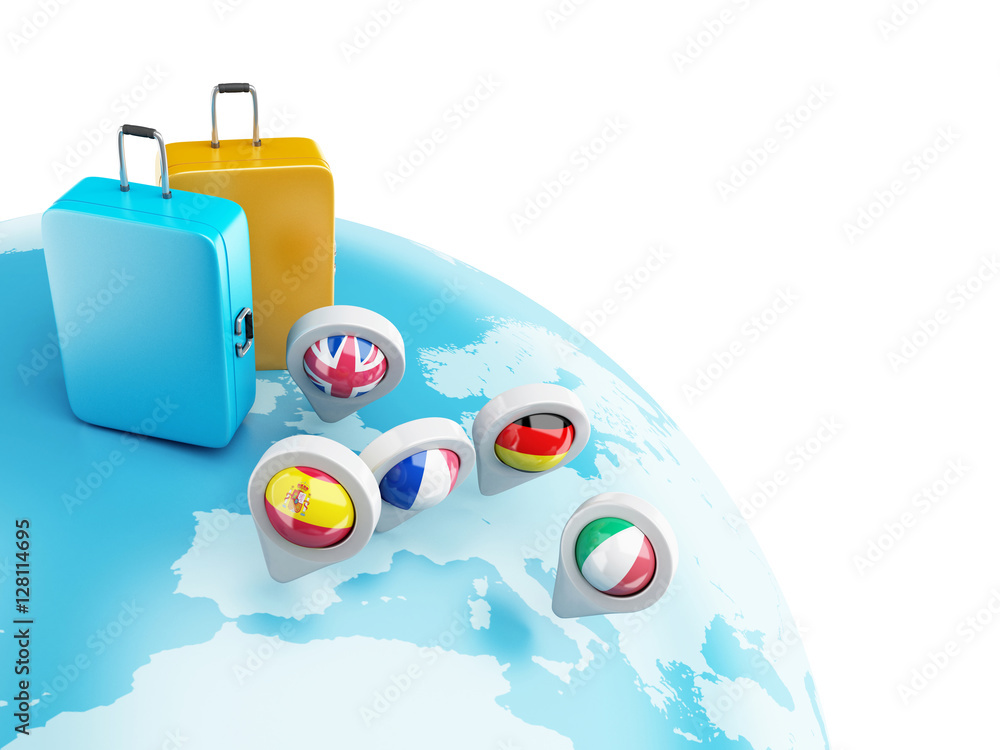 Aufkleber 3d globe with map pointers and suitcase.