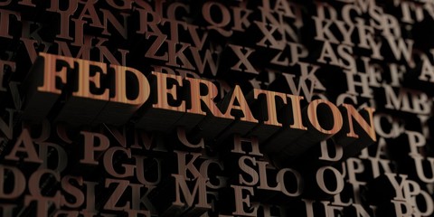 Federation - Wooden 3D rendered letters/message.  Can be used for an online banner ad or a print postcard.