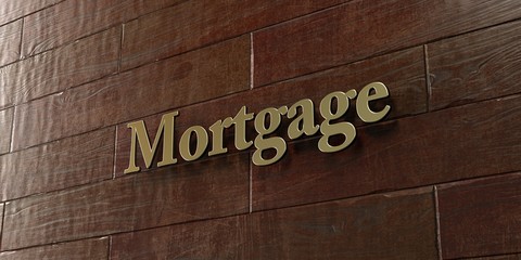 Mortgage - Bronze plaque mounted on maple wood wall  - 3D rendered royalty free stock picture. This image can be used for an online website banner ad or a print postcard.