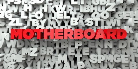 MOTHERBOARD -  Red text on typography background - 3D rendered royalty free stock image. This image can be used for an online website banner ad or a print postcard.