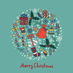 Christmas and New Year background with gifts, candies, stars and snowflakes gathered in a circle. Multi colored doodles on blue background. Can be use for Christmas card design.