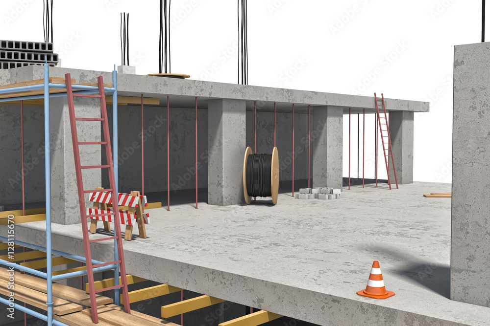Poster rendering of building under construction on the white background
