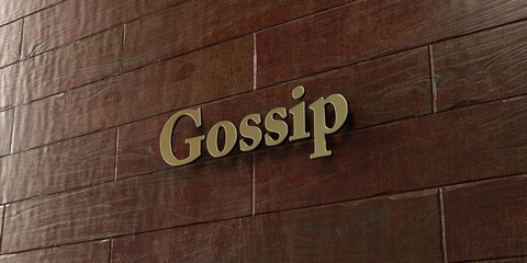 Gossip - Bronze plaque mounted on maple wood wall  - 3D rendered royalty free stock picture. This image can be used for an online website banner ad or a print postcard.