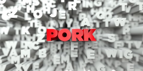 PORK -  Red text on typography background - 3D rendered royalty free stock image. This image can be used for an online website banner ad or a print postcard.