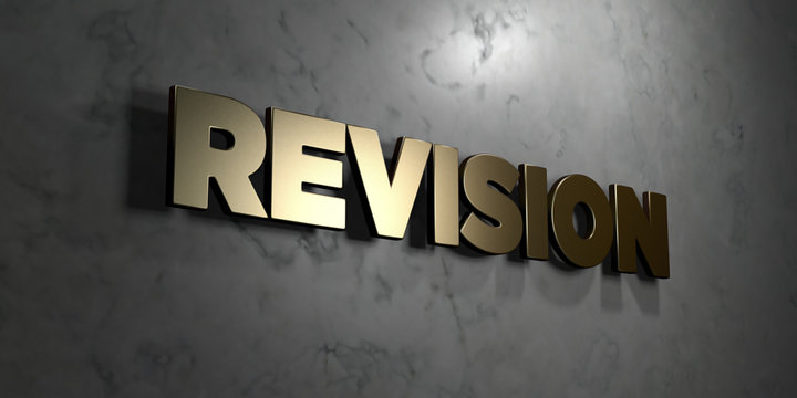 Revision - Gold sign mounted on glossy marble wall  - 3D rendered royalty free stock illustration. This image can be used for an online website banner ad or a print postcard.