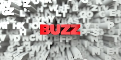 BUZZ -  Red text on typography background - 3D rendered royalty free stock image. This image can be used for an online website banner ad or a print postcard.