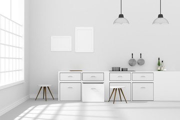 3D rendering : illustration of White interior modern kitchen room design with two vintage lamp hanging.shiny gray floor.sun light shining from outside of the room.design your home concept