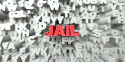 JAIL -  Red text on typography background - 3D rendered royalty free stock image. This image can be used for an online website banner ad or a print postcard.