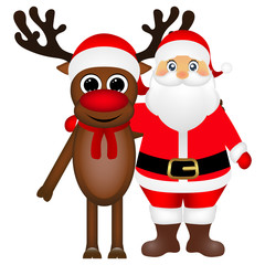 Santa Claus and Christmas reindeer are standing on a white backg