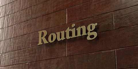Routing - Bronze plaque mounted on maple wood wall  - 3D rendered royalty free stock picture. This image can be used for an online website banner ad or a print postcard.