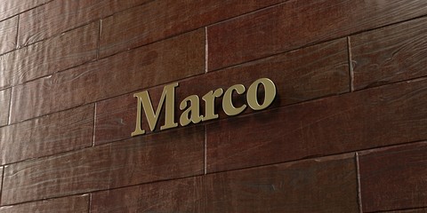 Marco - Bronze plaque mounted on maple wood wall  - 3D rendered royalty free stock picture. This image can be used for an online website banner ad or a print postcard.