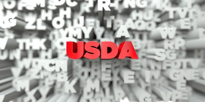 USDA -  Red text on typography background - 3D rendered royalty free stock image. This image can be used for an online website banner ad or a print postcard.