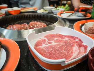 Raw pork slice in plate for barbecue
