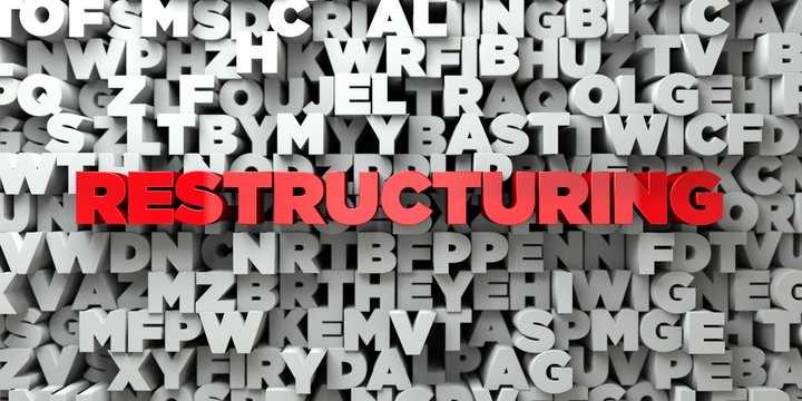 RESTRUCTURING -  Red text on typography background - 3D rendered royalty free stock image. This image can be used for an online website banner ad or a print postcard.