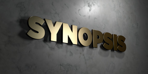 Synopsis - Gold sign mounted on glossy marble wall  - 3D rendered royalty free stock illustration. This image can be used for an online website banner ad or a print postcard.