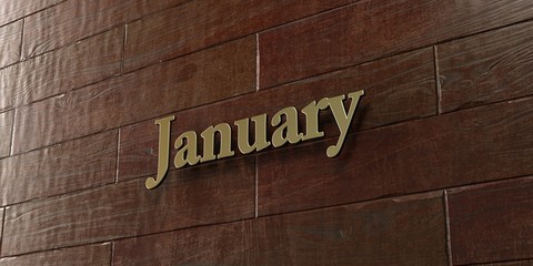 January - Bronze plaque mounted on maple wood wall  - 3D rendered royalty free stock picture. This image can be used for an online website banner ad or a print postcard.