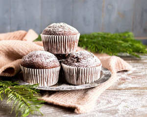 Chocolate muffins on the knitted napkin decorated with sugar pow
