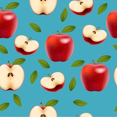 Seamless background with red apples and leaves. Vector illustration