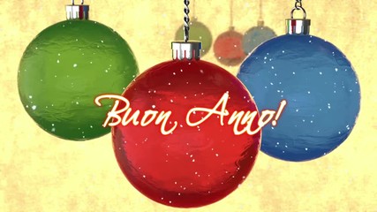 Abstract background of greeting card with animation of rotation  3d crystal tree toys, snow and appear text on italian "Buon Anno" (Happy New Year!) christmas decoration. red blue glass balls. gold. - Powered by Adobe