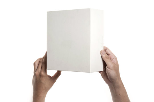 Two hands hold a empty(blank) white gift box and open isolated white