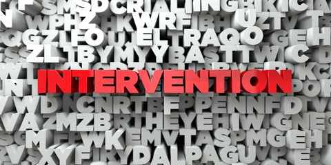 INTERVENTION -  Red text on typography background - 3D rendered royalty free stock image. This image can be used for an online website banner ad or a print postcard.