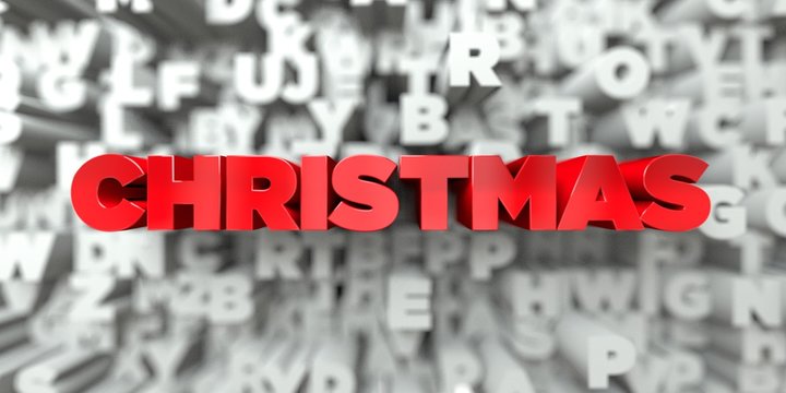 CHRISTMAS -  Red text on typography background - 3D rendered royalty free stock image. This image can be used for an online website banner ad or a print postcard.