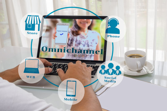 Marketing Data mangement platform and Omnichannel concept image. Omnichannel element icons on Man working with laptop computer with woman holding smart phone with payment completed message on screen.