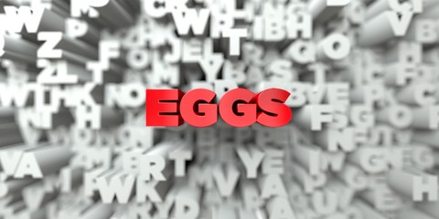 EGGS -  Red text on typography background - 3D rendered royalty free stock image. This image can be used for an online website banner ad or a print postcard.
