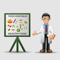 Doctor with healthy food banner. Nutritionist shows how to eat clean and fresh food. Green vegetables for body.