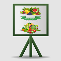 Healthy food, fruits and vegetables, illustration with whiteboard