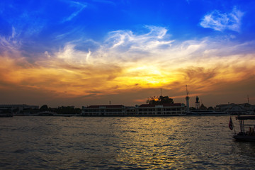 silhouette Chao Phraya River evening Bangkok Thailand landscape