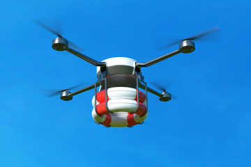 Rescue drone with lifebuoy on blue sky. 3D illustration