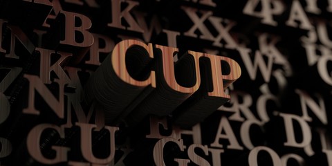 Cup - Wooden 3D rendered letters/message.  Can be used for an online banner ad or a print postcard.
