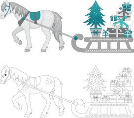 Pony driven sleigh with Christmas gifts and a Christmas tree. Coloring and color image