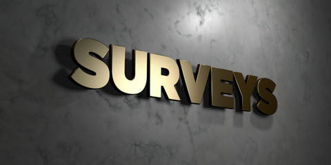 Surveys - Gold sign mounted on glossy marble wall  - 3D rendered royalty free stock illustration. This image can be used for an online website banner ad or a print postcard.