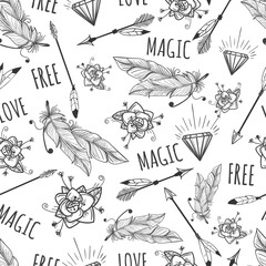 Boho tribal style seamless pattern. Feathers arrows diamonds background vector
