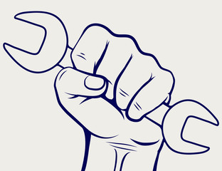 Working hand with wrench silhouette. Labor day icon vector