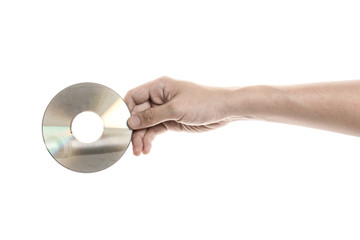 Two hands hold a compact disk(cd) isolated white.